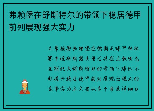 弗赖堡在舒斯特尔的带领下稳居德甲前列展现强大实力